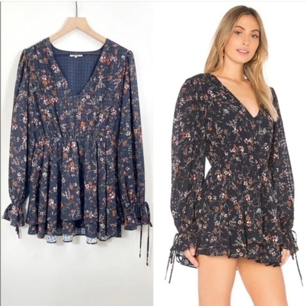 Tularosa Dee Dee Shift Long Sleeve Mini Dress Burlingame Floral Blue Print Small